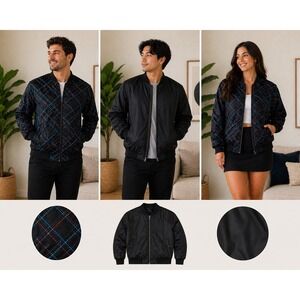 Apple Software Mens Smalll Reversible Bomber Jacket Black Plaid Tech Streetwear